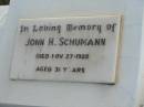 
John H. SCHUMANN,
died 27 Nov 1929 aged 31 years;
Marburg Lutheran Cemetery, Ipswich
