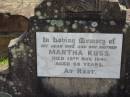 
Martha KUSS, wife mother,
died 15 Nov 1941 aged 68 years;
Marburg Lutheran Cemetery, Ipswich
