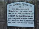 parents; Rudolph SCHUMANN, died 23 Aug 1959 aged 79 years; Louisa Anna SCHUMANN, died 10 Jan 1961 aged 80 years; Alfred Rudolph SCHUMANN, died 2 July 1966 aged 62 years; Marburg Lutheran Cemetery, Ipswich 