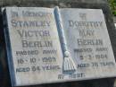 Stanley Victor BERLIN, died 16-10-1969 aged 64 years; Dorothy May BERLGIN, died 5-3-1984 aged 78 years; Marburg Lutheran Cemetery, Ipswich 