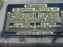 
SCHMIDT;
Ferdinand (Fred), father father-in-law,
died 7-7-1985 aged 90 years;
Annie Augusta, wife mother,
died 9-1-1980 aged 84 years;
Marburg Lutheran Cemetery, Ipswich
