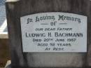 Ludwig H. BACHMANN, father, died 20 June 1987 aged 92 years; Marburg Lutheran Cemetery, Ipswich 