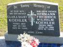 Clara Mary KOEHLER, wife mother, died 30 May 1983 aged 84 years; Hermann Freidrick Wilhelm KOEHLER, father, died 22 April 1988 aged 92 years; Marburg Lutheran Cemetery, Ipswich 