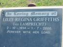 Lilly Regina GRIFFITHS, nee LAMPRECHT, 2-10-1914 - 1-7-2000; Marburg Lutheran Cemetery, Ipswich 