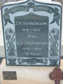 J.H. VERRENKAMP, 1841 - 1926; A.G. VERRENKAMP; 1846 - 1930; Beryl Myra ANDERSON, 19-8-1916 7-10-1998, great grandaughter of the VERRENKAMP family; Marburg Lutheran Cemetery, Ipswich 