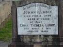 
Johan C. LUBKE,
died 1 Feb 1939 aged 61 years;
Emma Theresa LUBKE,
died 7 March 1975 aged 88 years;
Marburg Lutheran Cemetery, Ipswich
