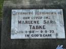 
Marlene Sara TABKE,
9-9-69 - 9-9-73;
Marburg Lutheran Cemetery, Ipswich
