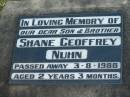 Shane Geoffrey NUHN, son brother, died 3 Aug 1988 aged 2 years 3 months; Marburg Lutheran Cemetery, Ipswich 