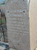 
Wilhelm H. HERRMANN,
born 9 April 1841 died 15 Sept 1914;
Friedericke W.A. HERRMANN, wife,
born 24 March 1850 died 27 March 1943;
Wilhelm Heinrich HERRMANN,
born 8 April 1841 died 15 Sept 1914;
Marburg Lutheran Cemetery, Ipswich
