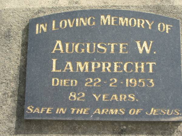 Auguste W. LAMPRECHT,  | died 22-2-1953, 82 years;  | Marburg Lutheran Cemetery, Ipswich  | 