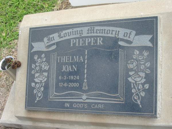 PIEPER, Thelma Joan,  | 6-3-1924 - 12-6-2000;  | Marburg Lutheran Cemetery, Ipswich  | 