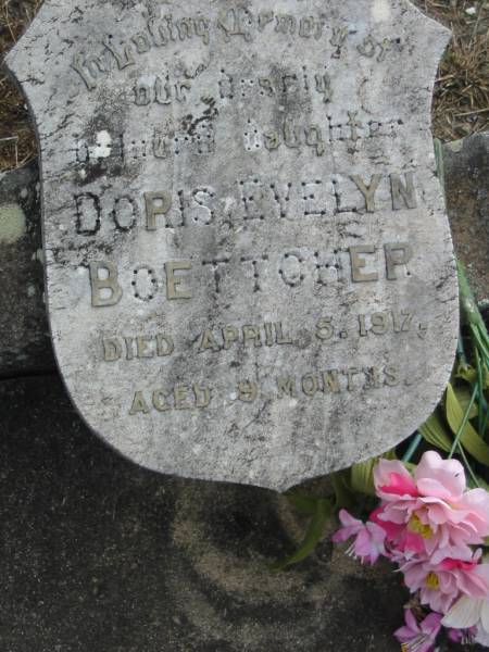 Doris Evelyn BOETTCHER,  | died 5 April 1917 aged 9 months,  | daughter;  | Marburg Lutheran Cemetery, Ipswich  | 