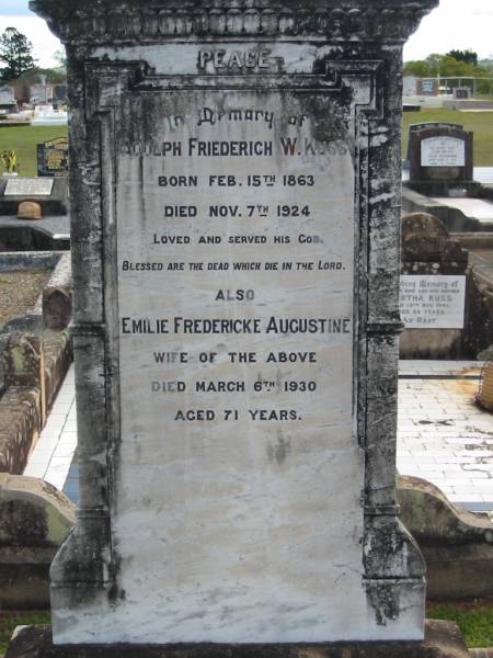 Adolph Friederich W. KUSS,  | born 15 Feb 1863 died 7 Nov 1924;  | Emilie Fredericke Augstine, wife of above,  | died 6 Mar 1930 aged 71 years;  | Marburg Lutheran Cemetery, Ipswich  | 