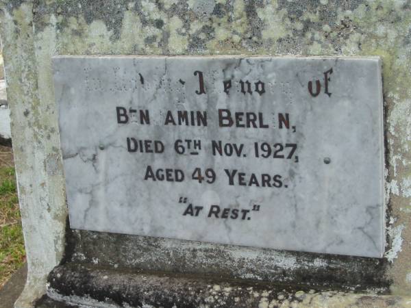 Benjamin BERLIN,  | died 6 Nov 1927 aged 49 years;  | Marburg Lutheran Cemetery, Ipswich  | 
