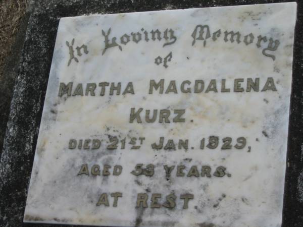 Martha Magdalena KURZ,  | died 21 Jan 1929 aged 53 years;  | Marburg Lutheran Cemetery, Ipswich  | 