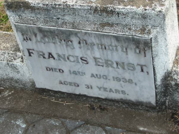 Francis ERNST,  | died 14 Aug 1938 aged 31 years;  | Marburg Lutheran Cemetery, Ipswich  | 