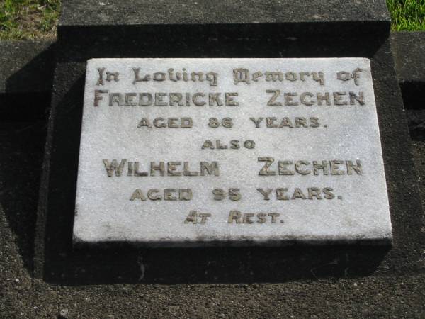 Fredericke ZECHEN, aged 86 years;  | Wilhelm ZECHEN, aged 95 years;  | Marburg Lutheran Cemetery, Ipswich  | 