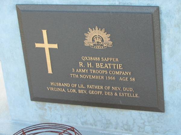 R.H. BEATTIE,  | died 7 Nov 1966 aged 58 years;  | husband of Lil,  | father of Nev, Dud, Virginia,  | Lor, Ben, Geoff, Des & Estelle;  | Marburg Lutheran Cemetery, Ipswich  | 