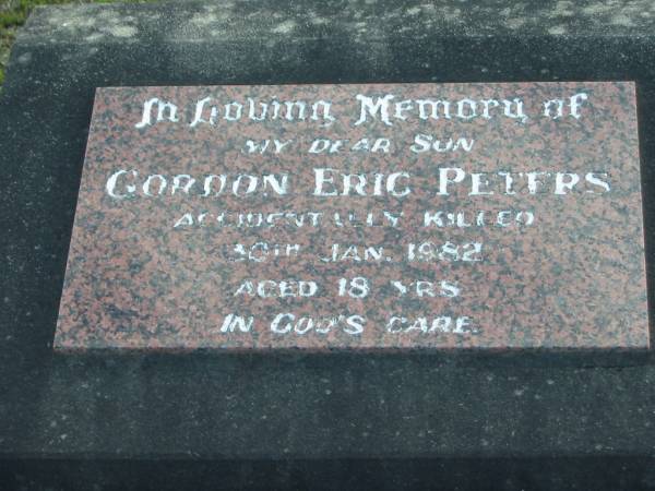 Gordon Eric PETERS, son,  | accidentally killed 30 Jan 1982 aged 18 years;  | Marburg Lutheran Cemetery, Ipswich  | 