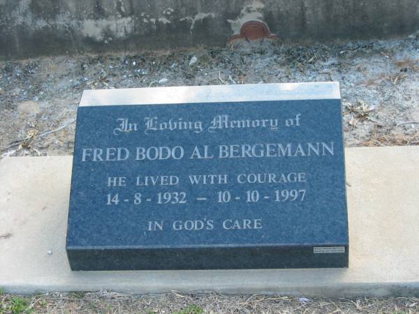 Fred Bodo Al BERGEMANN,  | 14-8-1932 - 10-10-1997;  | Marburg Lutheran Cemetery, Ipswich  | 