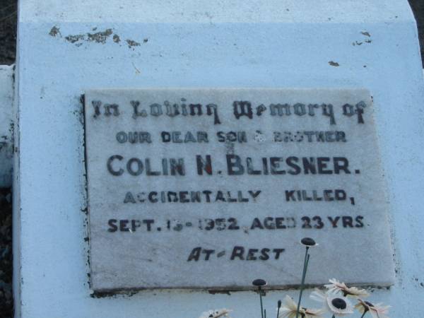 Colin N. BLIESNER, son brother,  | accidentally killed 13 Sept 1952 aged 23 years;  | Marburg Lutheran Cemetery, Ipswich  | 