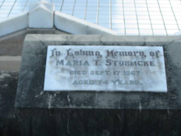 Maria T. STUHMCKE,  | died 17 Sept 1867 aged 74 years;  | Marburg Lutheran Cemetery, Ipswich  | 