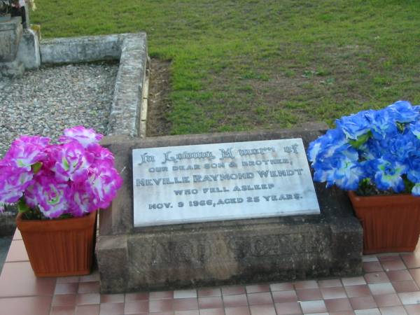 Neville Raymond WENDT, son brother,  | died 9 Nov 1966 aged 25 years;  | Marburg Lutheran Cemetery, Ipswich  | 