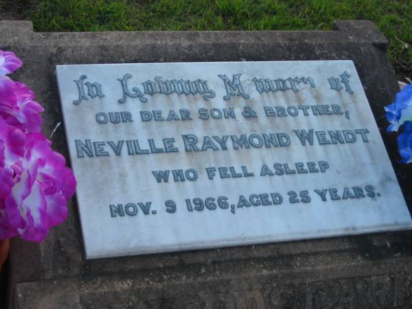 Neville Raymond WENDT, son brother,  | died 9 Nov 1966 aged 25 years;  | Marburg Lutheran Cemetery, Ipswich  | 