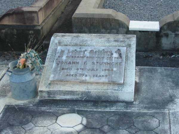 Johann E. STUHMCKE, husband father,  | died 4 July 1964 aged 75 years;  | Marburg Lutheran Cemetery, Ipswich  | 