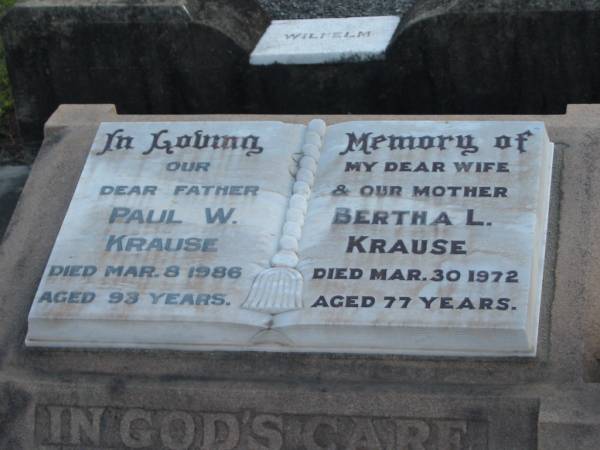 Paul W. KRAUSE, father,  | died 8 March 1986 aged 93 years;  | Bertha L. KRAUSE, wife mother,  | died 30 mar 1972 aged 77 years;  | KRAUSE, Valerie May,  | wife of Kevin, mother grandmother,  | 13-5-1931 - 27-3-1999 aged 67 years;  | Marburg Lutheran Cemetery, Ipswich  | 