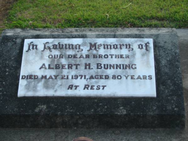 Albert H. BUNNING, brother,  | died 21 May 1971 aged 80 years;  | Marburg Lutheran Cemetery, Ipswich  | 