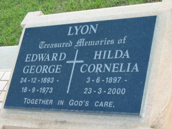 LYON;  | Edward George,  | 24-12-1893 - 18-9-1973;  | Hilda Cornelia,  | 3-6-1897 - 23-3-2000;  | Marburg Lutheran Cemetery, Ipswich  | 