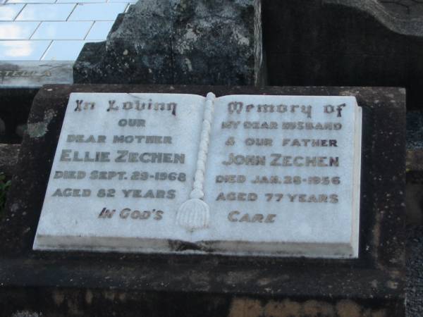 Ellie ZECHEN, mother,  | died 29 Sept 1968 aged 82 years;  | John ZECHEN, husband father,  | died 28 Jan 1956 aged 77 years;  | Marburg Lutheran Cemetery, Ipswich  | 