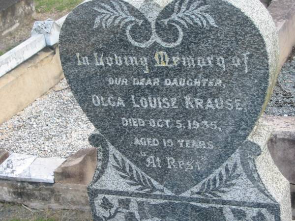 Olga Louise KRAUSE, daughter,  | died 5 Oct 1935 aged 19 years;  | Marburg Lutheran Cemetery, Ipswich  | 