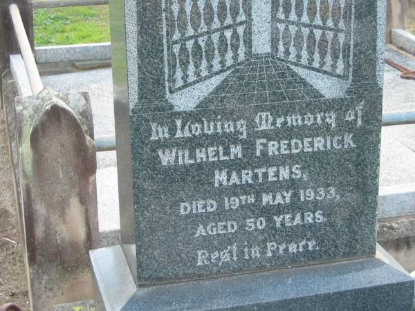 Wilhelm Frederick MARTENS,  | died 19 May 1933 aged 50 years;  | Marburg Lutheran Cemetery, Ipswich  | 