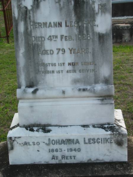 Herman LESCHKE,  | died 4 Feb 1928 aged 79 years;  | Johann LESCHKE,  | 1863 - 1940;  | Marburg Lutheran Cemetery, Ipswich  | 