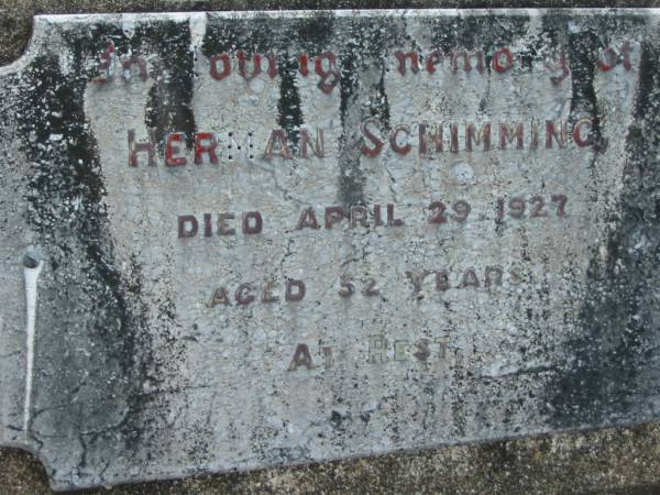 Herman SCHIMMING,  | died 29 April 1927 aged 52 years;  | Marburg Lutheran Cemetery, Ipswich  | 