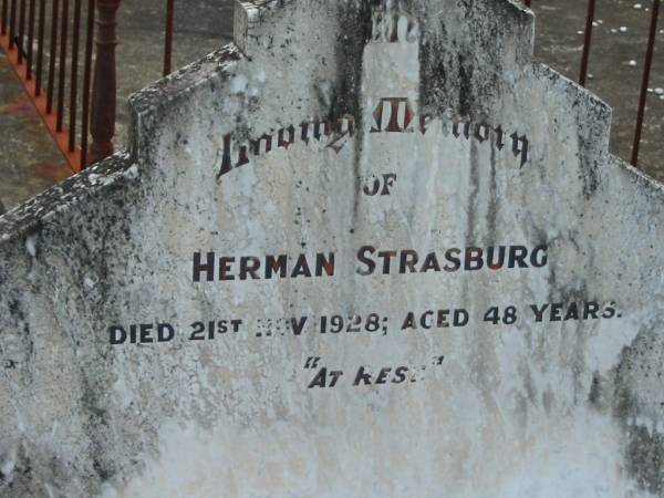 Herman STRASBURG,  | died 21 Nov 1928 aged 48 years;  | Marburg Lutheran Cemetery, Ipswich  | 