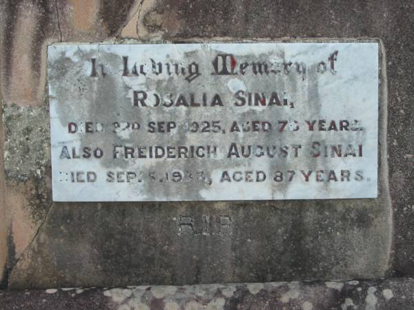 Rosalia SINAI,  | died 3 Sept 1925 aged 76? years;  | Freiderich August SINAI,  | died 5 Sept 1933 aged 87 years;  | Marburg Lutheran Cemetery, Ipswich  | 