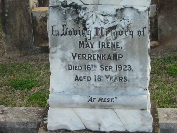 May Irene VERRENKAMP,  | died 16 Sept 1923 aged 18 years;  | Marburg Lutheran Cemetery, Ipswich  | 
