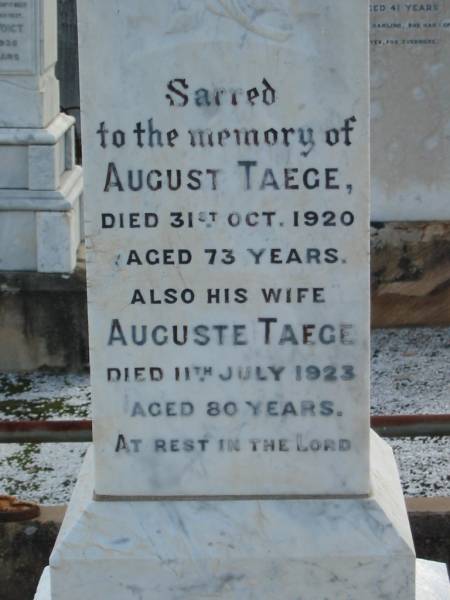 August TAEGE,  | died 31 Oct 1920 aged 73 years;  | Auguste TAEGE, wife,  | died 11 July 1923 aged 80 years;  | Marburg Lutheran Cemetery, Ipswich  | 