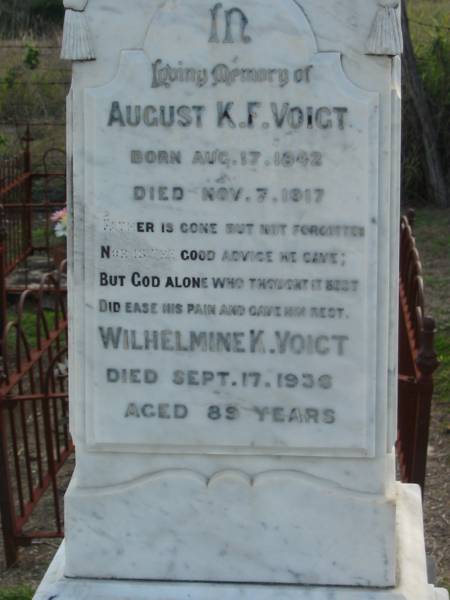 August K.F. VOIGT,  | born 17 Aug 1842 died 7 Nov 1917;  | Wilhelmine K. VOIGT,  | died 17 Sept 1936 aged 89 years;  | Marburg Lutheran Cemetery, Ipswich  | 