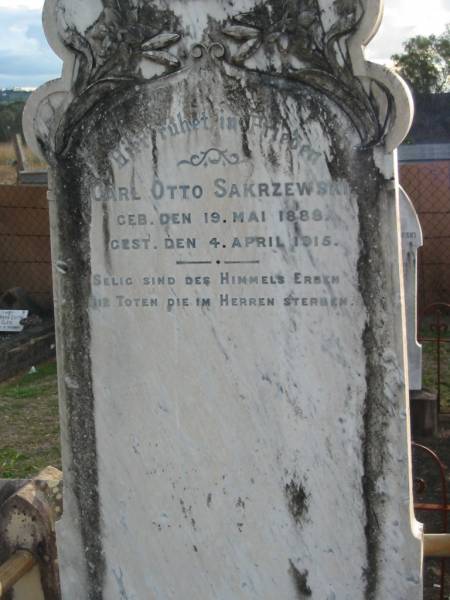Carl Otto SAKRZEWSKI,  | born 19 May 1888 died 4 April 1915;  | Marburg Lutheran Cemetery, Ipswich  | 
