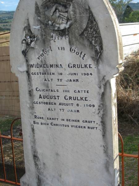 Wilhelmina GRULKE,  | died 10 June 1904 aged 75 years;  | August GRULKE,  | died 6 Aug 1909 aged 77 years;  | Marburg Lutheran Cemetery, Ipswich  | 