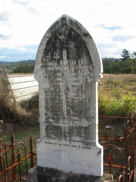 Frederick KLATT, husband father,  | died 1 Dec 1903 aged 55 years;  | Marburg Lutheran Cemetery, Ipswich  | 