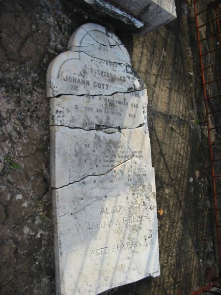 Johann Gottfried ROHL,  | born 6 Sept 1838 died 25 Aug 1903;  | Wilhelmina ROHL,  | aged 86 years;  | Marburg Lutheran Cemetery, Ipswich  | 