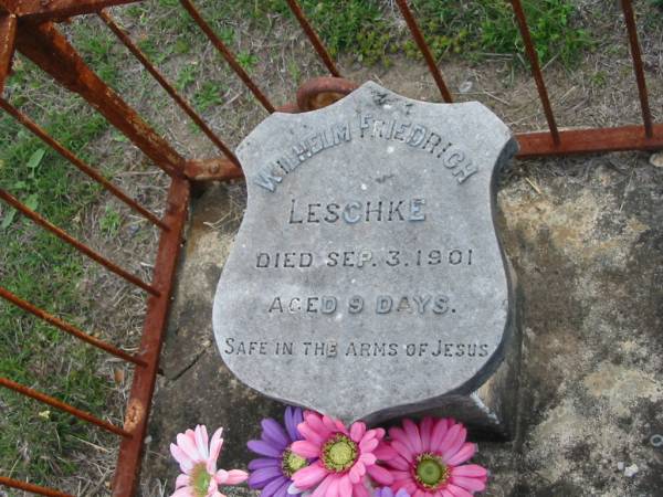 Wilhelm Friedrich LESCHKE,  | died 3 Sept 1901 aged 9 days;  | Marburg Lutheran Cemetery, Ipswich  | 