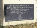 
Clive Alexander WYMAN,
28-12-1922 - 11-1-1998,
chairman Ipswich Grammar School;
Woodlands cemetery, Marburg, Ipswich
