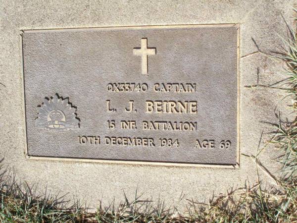 L.J.BEIRNE,  | died 10 Dec 1984 aged 69 years;  | Woodlands cemetery, Marburg, Ipswich  | 