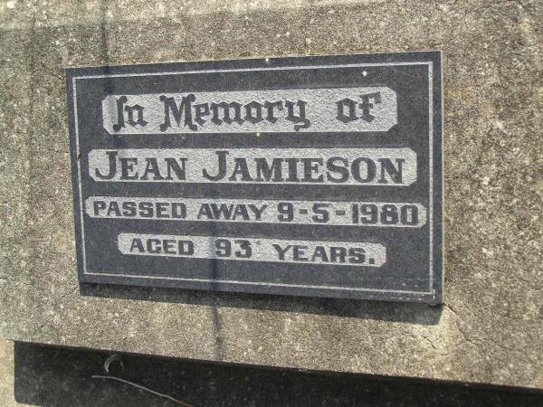 Jean JAMIESON,  | died 9-5-1980 aged 93 years;  | Maroon General Cemetery, Boonah Shire  | 